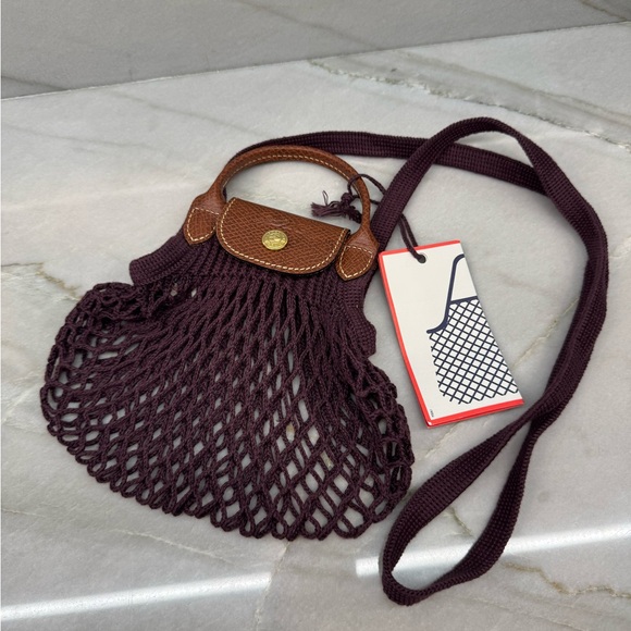 Longchamp Handbags - Longchamp Burgundy Crochet Net Crossbody Bag with Brown Leather Trim MINI
